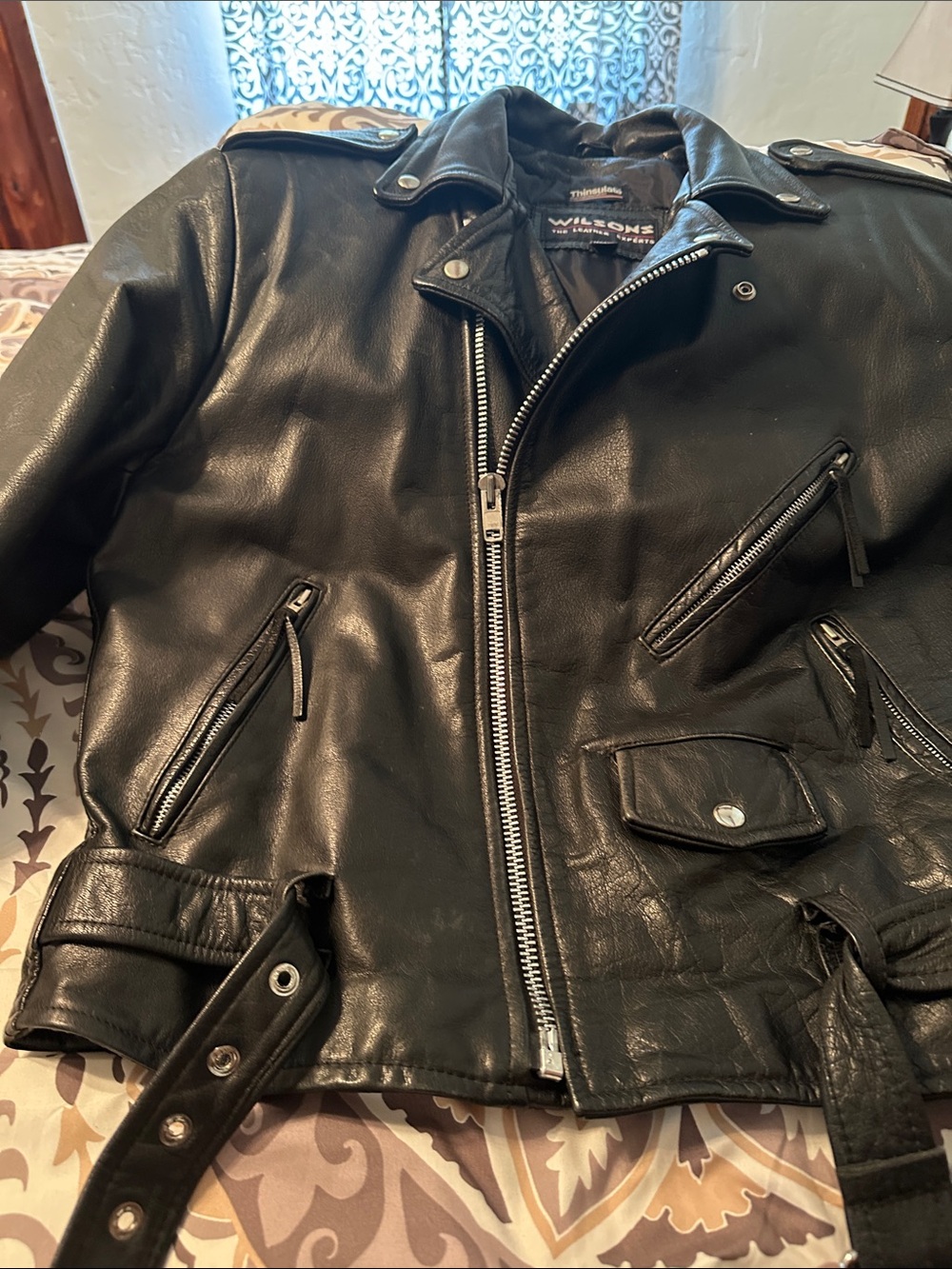 Wilsons Leather Black Biker Moto Jacket with Zip Pockets